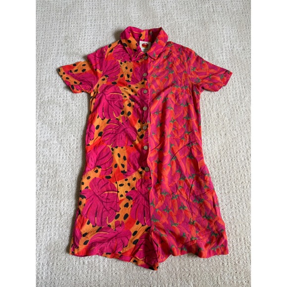 Farm Rio for Anthropologie Pants - Farm Rio for Anthropologie Mixed Tropical Print Chili Romper Pink Orange XS